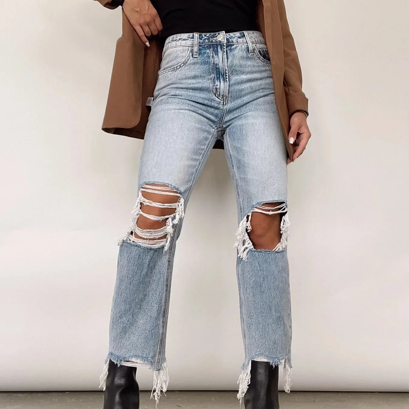 Summer Women Stretch Skinny Ripped Jeans High Waist Baggy Vintage Light Blue Girls Pants Narrow Straight Leg Fashion Trousers