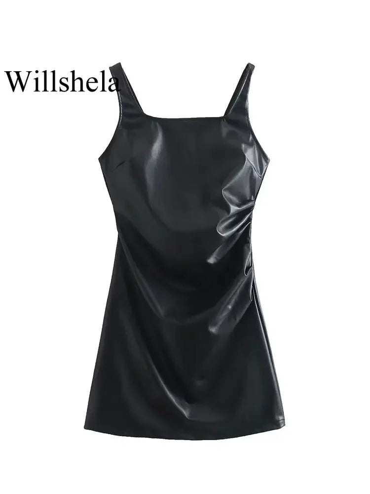 Women Fashion Black PU Leather Mini Slip Dress Vintage Square Collar Back Zipper Sleeveless Female Chic Lady Dresses