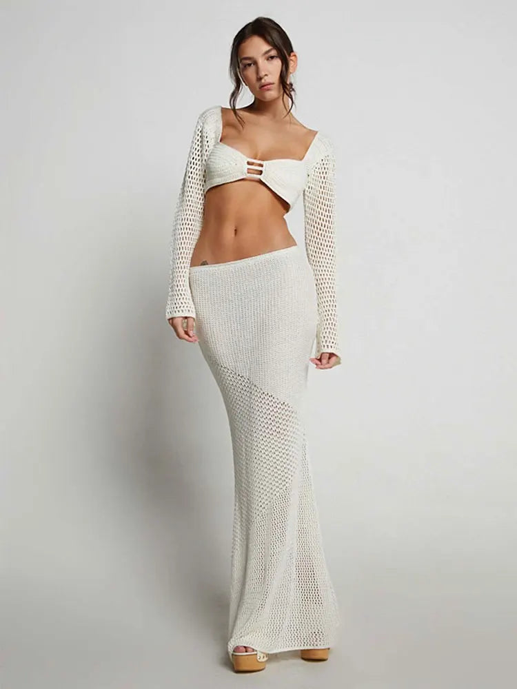 Summer Women's New White Tethered Long-sleeved Hip Casual Hollow Out Knitted Long Skirt Suit Bikini Cover Up Beach Dress A1882