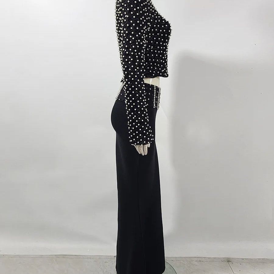 High Quality Women Long Sleeve Sexy Beading Tops 2 Pieces Bodycon Bandage Skirt Set Elegant Evening Party Celebrate Outfit