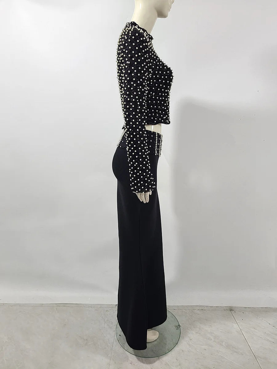 High Quality Women Long Sleeve Sexy Beading Tops 2 Pieces Bodycon Bandage Skirt Set Elegant Evening Party Celebrate Outfit