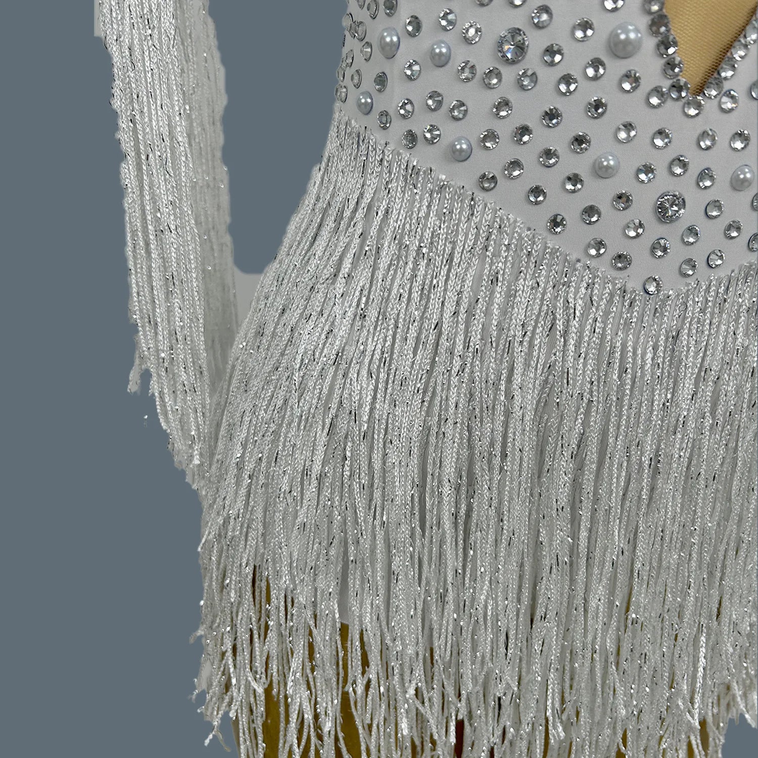Stunning White Pearls Sequins Tassels Bodysuit Women Sexy Latin Dance Performance Costume Event Show Stage Club Outfit Baiyun