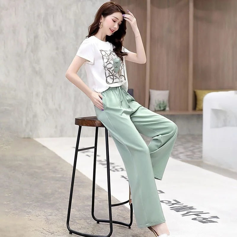 Women Casual Plus Size Clothing Suit 2025 Summer New Fashion Large Korean Short Sleeve Top Wide Leg Pants 2 Two Piece Set Female