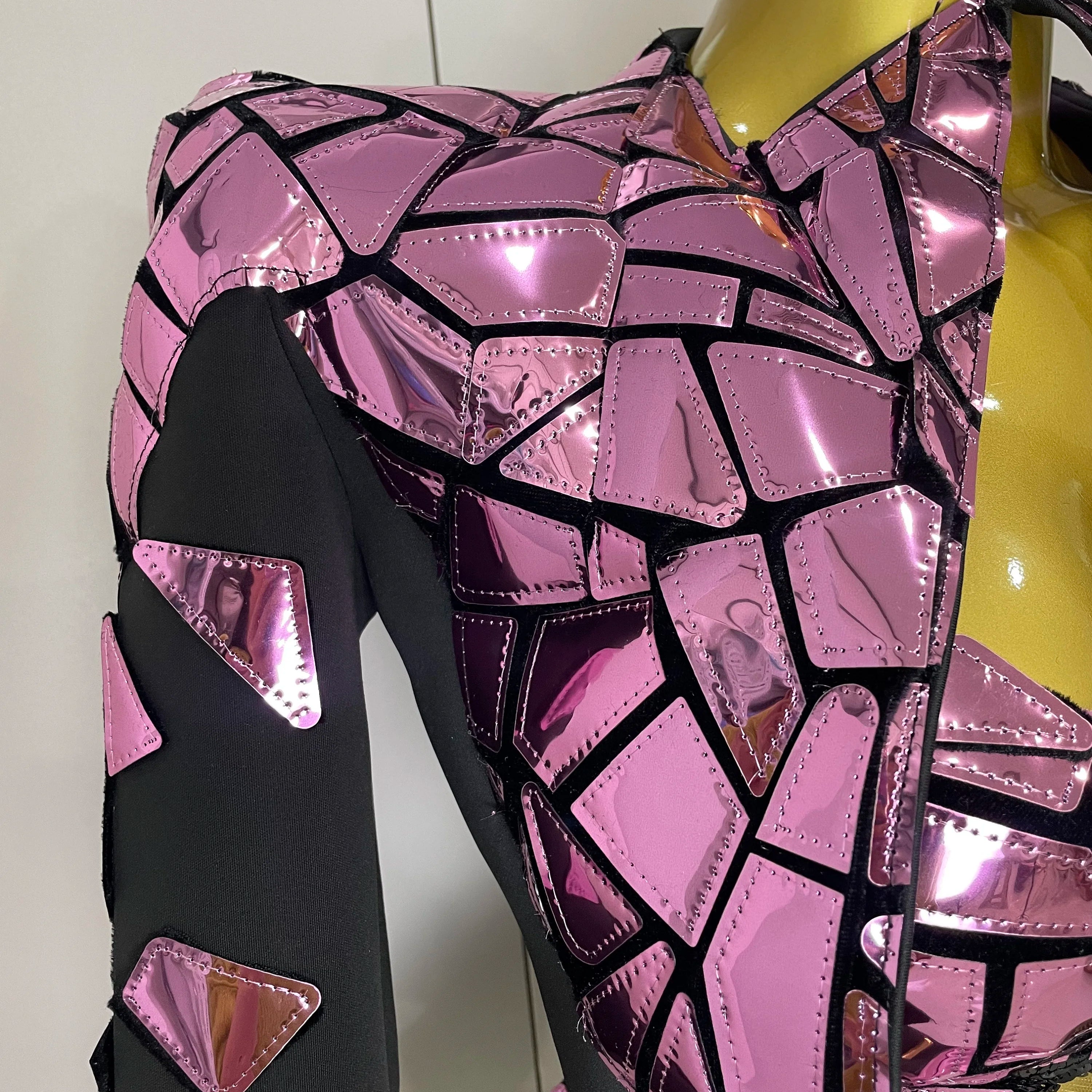 STOCK 2025 Women Sexy Pink Glitter Sequin Mirrors Short Skirt 3pcs Set Birthday Party Nightclub Queen Drag Stage Costume