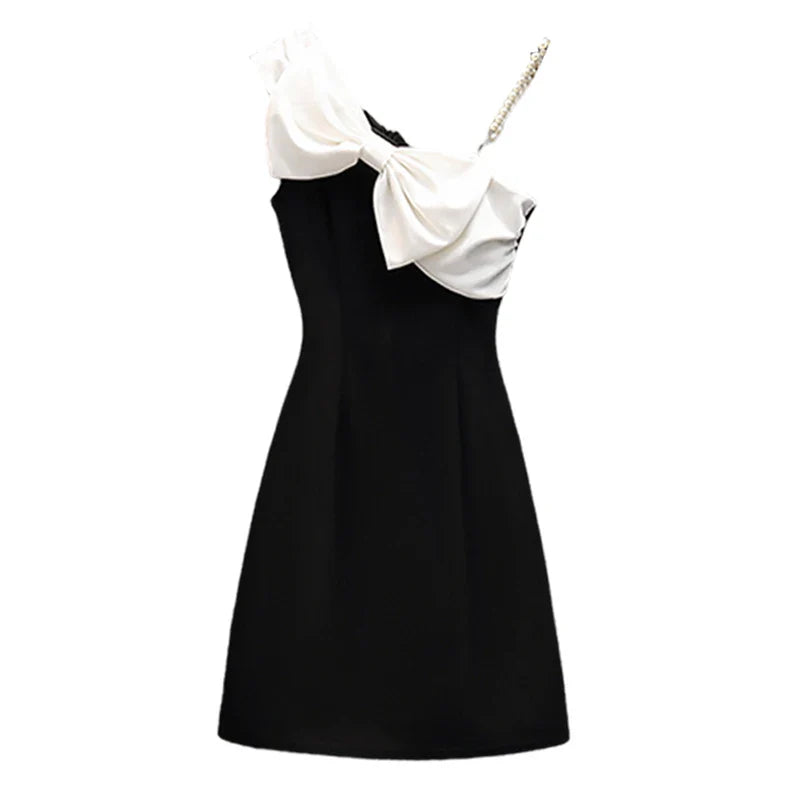 Black Sexy Strap Dress Women Bowknot Fashion Sleeveless High Waist Short Dress Diagonal Collar Elegant Summer Dress Female