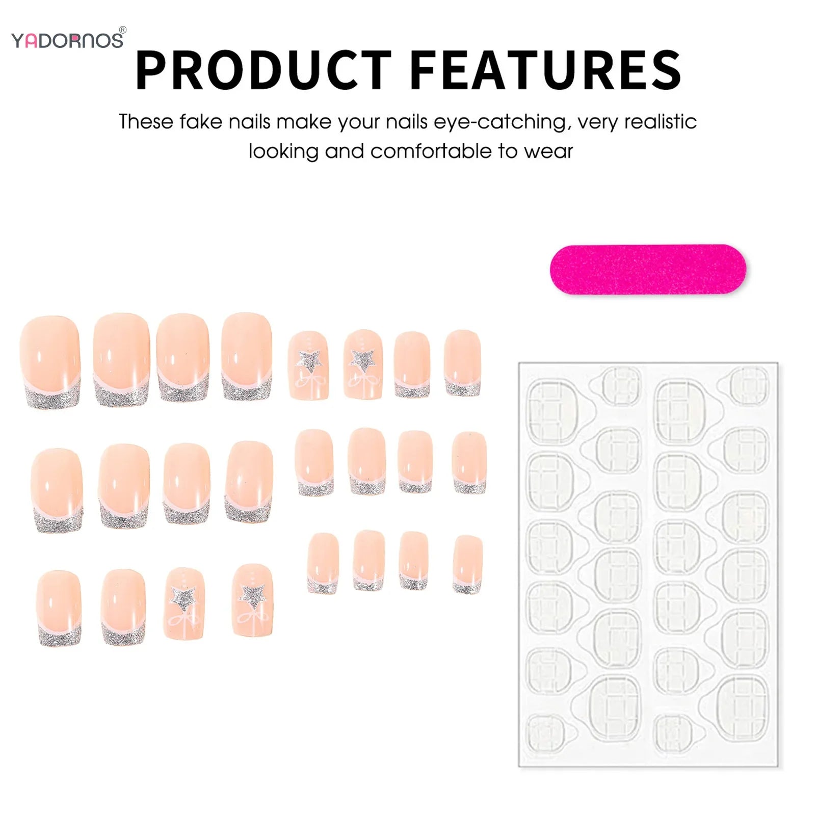 Nude Color Square Fake Nails for Christmas Party Silver French Press On Nails Star/Bowknot Designs Reusable False Nails Patches