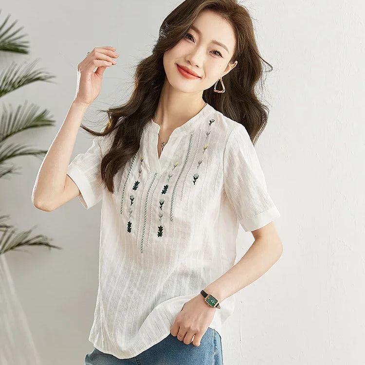 Cotton Short Sleeve Shirt Women Female Summer Tops Straight Floral Embroidery Ladies French Shirts & Blouses