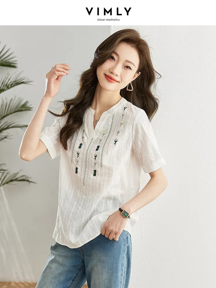 Cotton Short Sleeve Shirt Women Female Summer Tops Straight Floral Embroidery Ladies French Shirts & Blouses