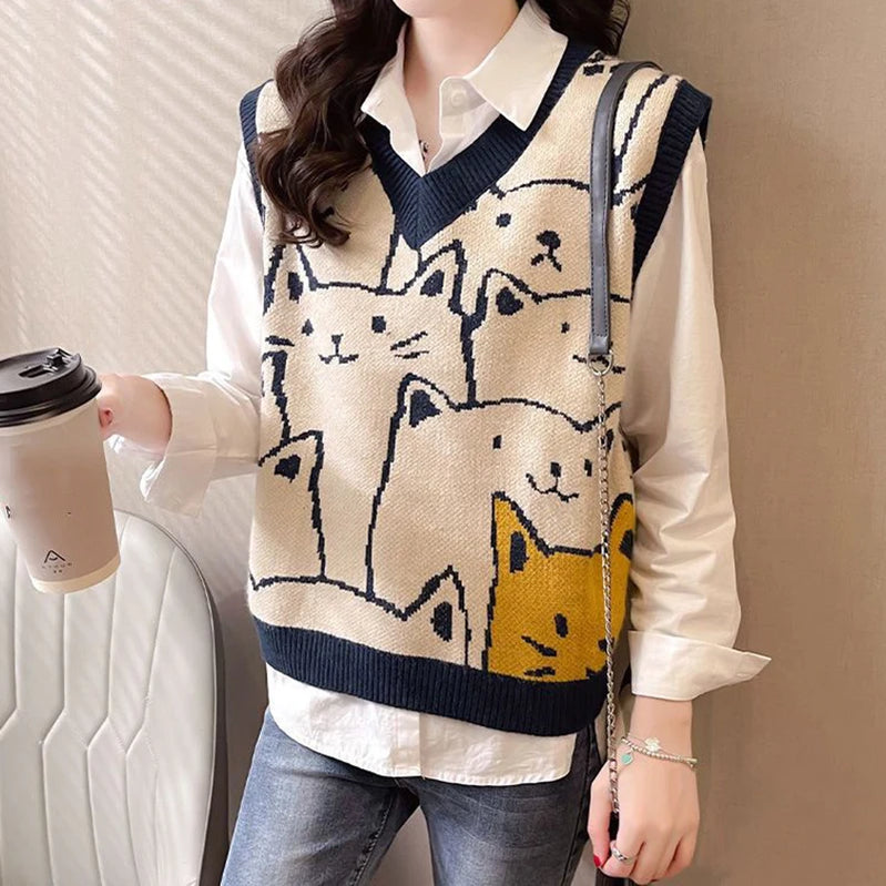 Women Sweater Vests Cat Print Knit Pullover Sleeveless V-neck Tank Sweater Autumn Winter Loose Fitting Top Streetwea Vintage NAVY 40-57.5kg