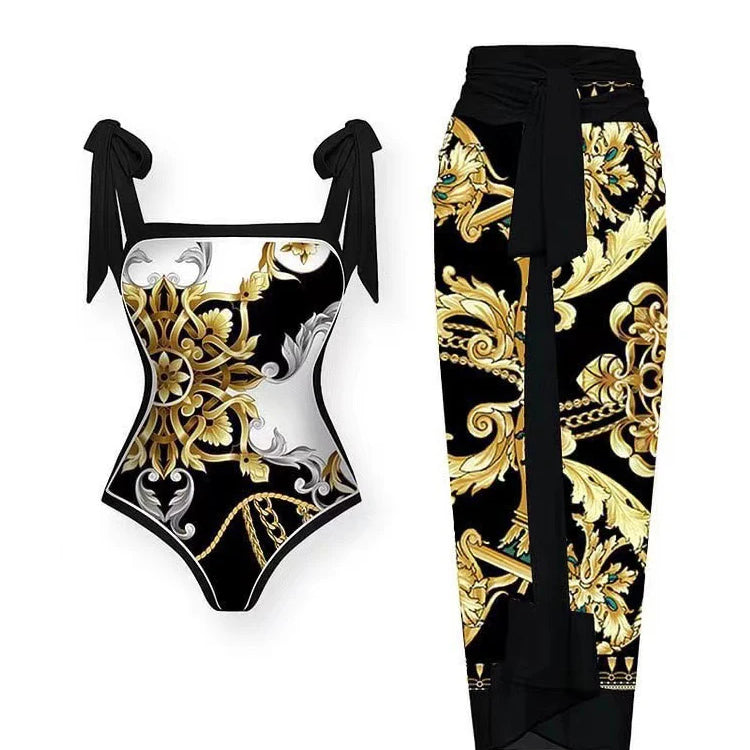 2024 New Fashion Double Sided Printed Lace Up One Piece Swimsuit Women 2023 Sexy High Waisted Lace Up Bikini Swimsuit Cover Up Gold 1 CHINA