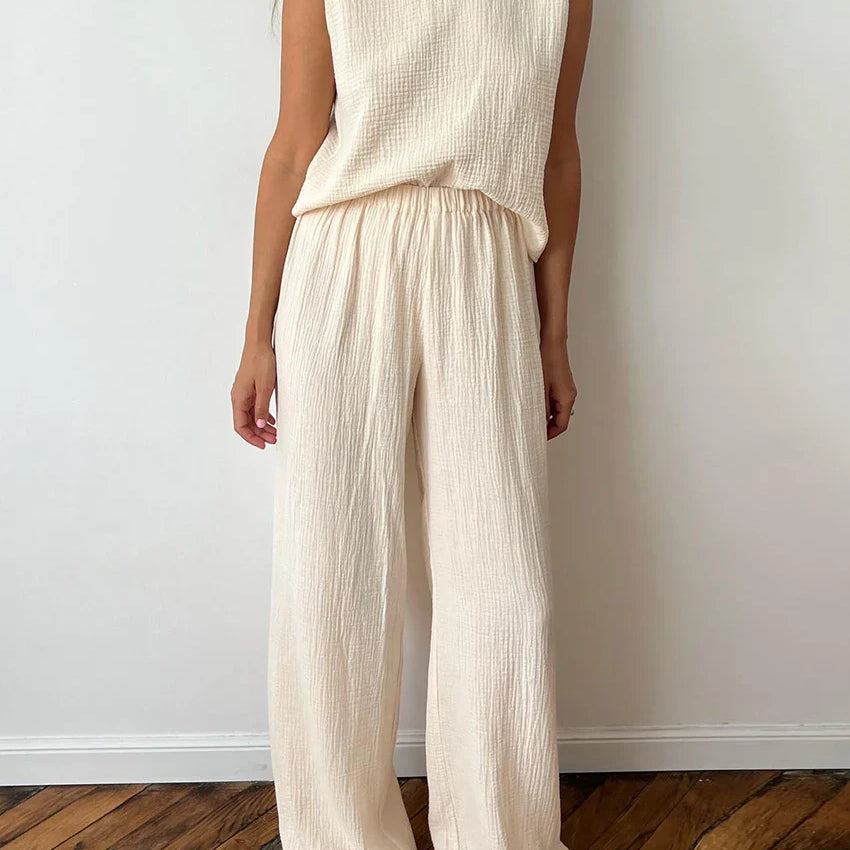 Clacive Casual Loose Beige Cotton 2 Piece Sets Women Outfit Fashion Sleeveless Tank Top With High Waist Wide Pants Set Homewear