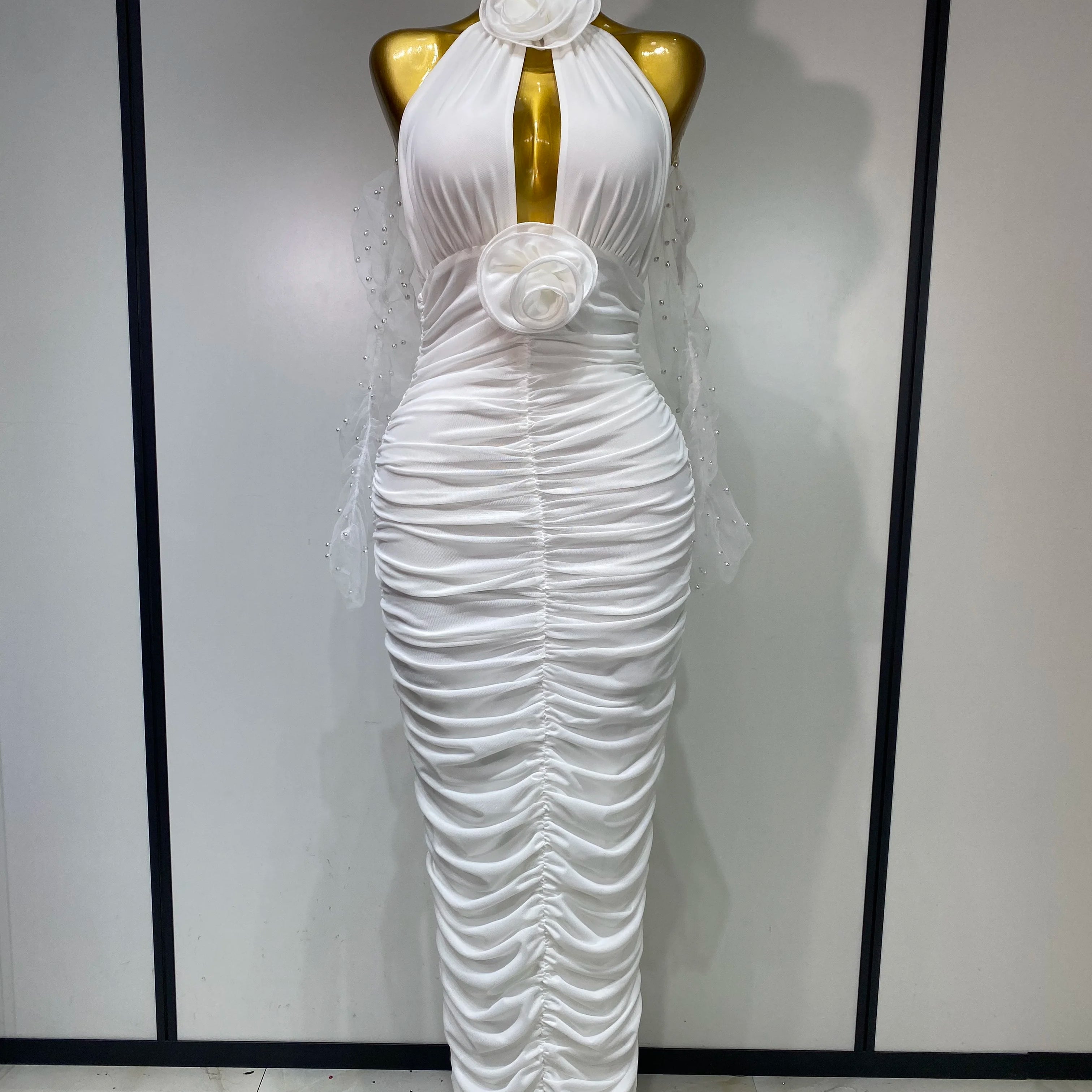 Women Sexy Cut Out Flower Pleated Bodycon Long Dress Celebrity White Elegant Evening Party Cocktail Luxury Birthday Dress