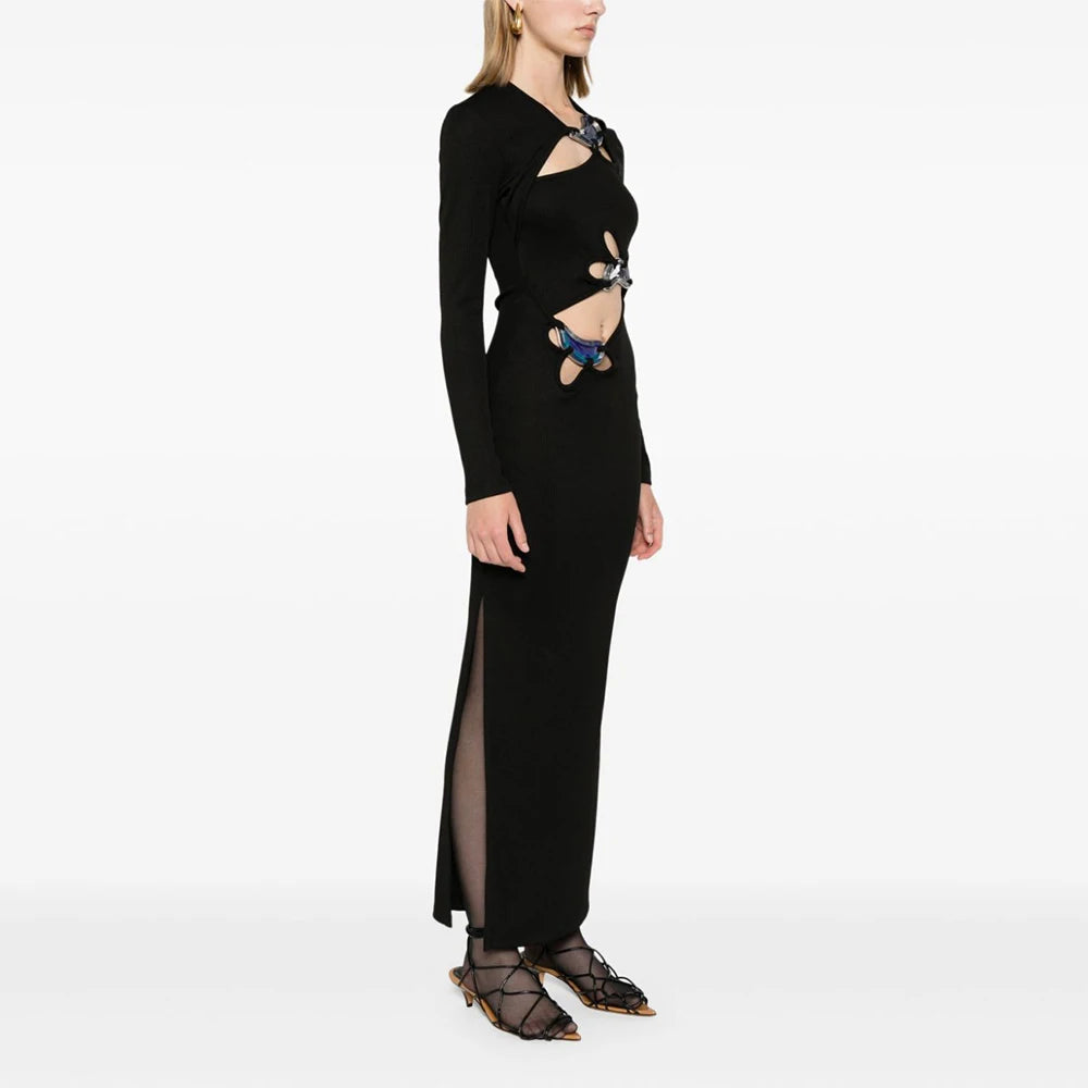 Vestido longo preto feminino, manga longa, sexy, com buracos, justo, moda para festa noturna, tapete vermelho, atacado