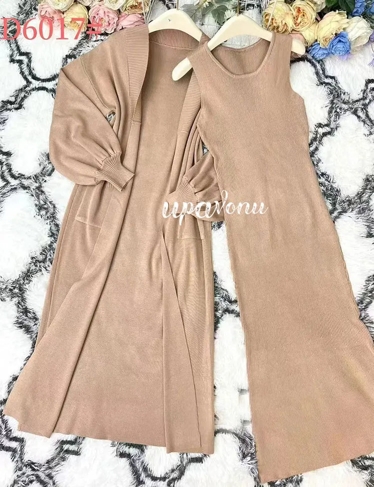 Casual Solid Knitted Sweater Long Dress Set Women Long Sleeve Loose Long Cardigan Coat&Sleeveless Mid length Dress Two Piece Set