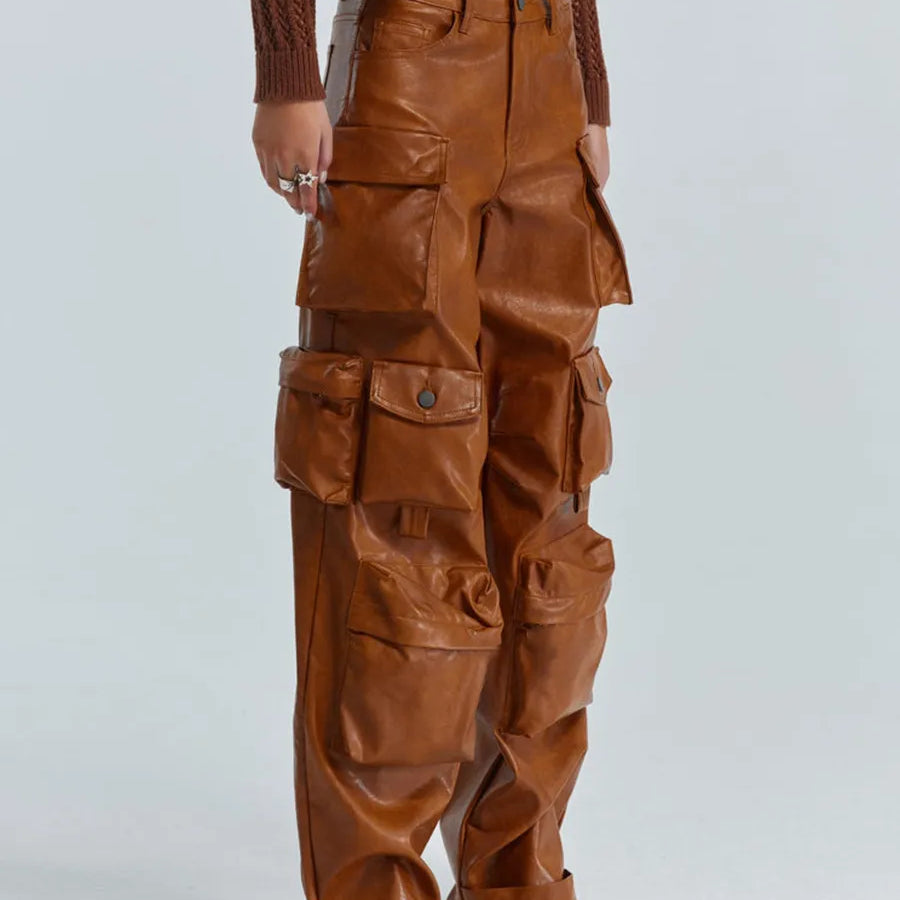 GetSpring Women Leather Pants Capris 2023 Autumn Multi Pockets High Waist Trousers Loose Casual All Match Long PU Cargo Pants