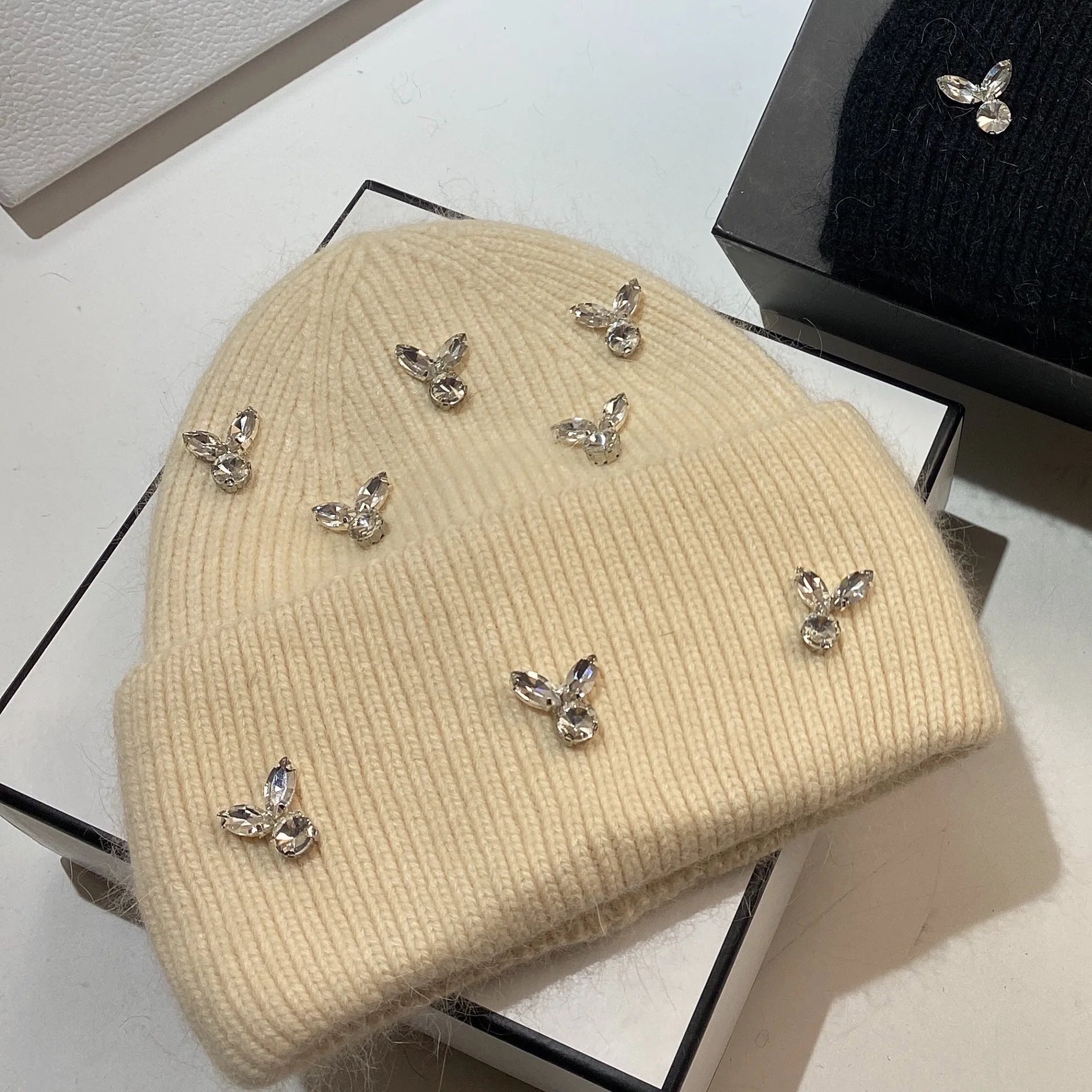 Luxury Rhinestones Fashion Women's Winter Hats Real Rabbit Fur Lady Warm Knitted Hat Outdoor Wool Skullies Beanies Skiing Caps beige