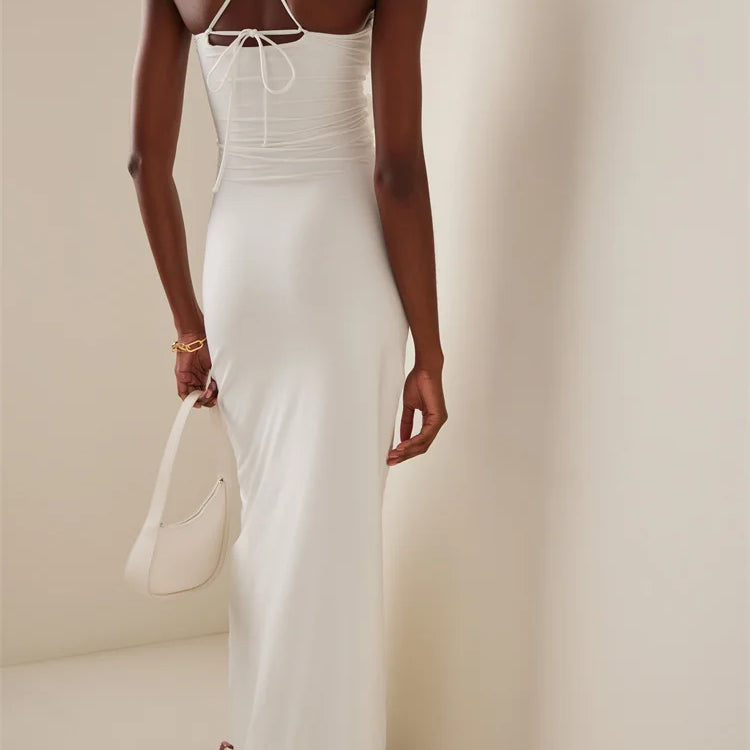 Women Sexy Halter Hollow Out 3D Flowers Long Dress Y2K Summer Off Shoulder Backless Bodycon Elegant Dresses Night Party Clubwear