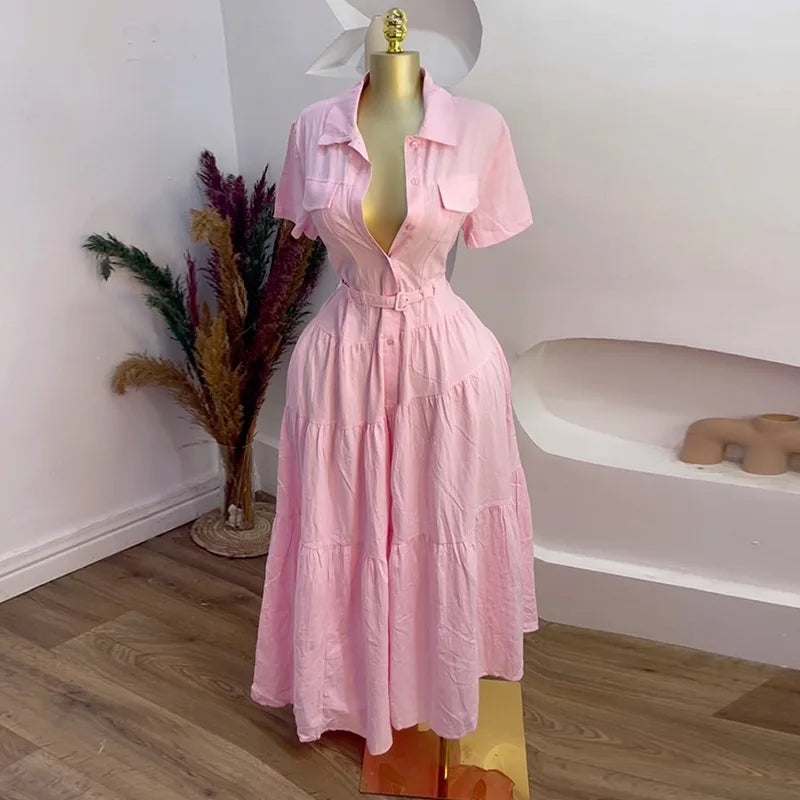 CM.YAYA Women Short Sleeve Single Breasted Belt Long Maxi Dress 2025 Street Birthday Evening Sexy Party Shirt Dresses Vestidos