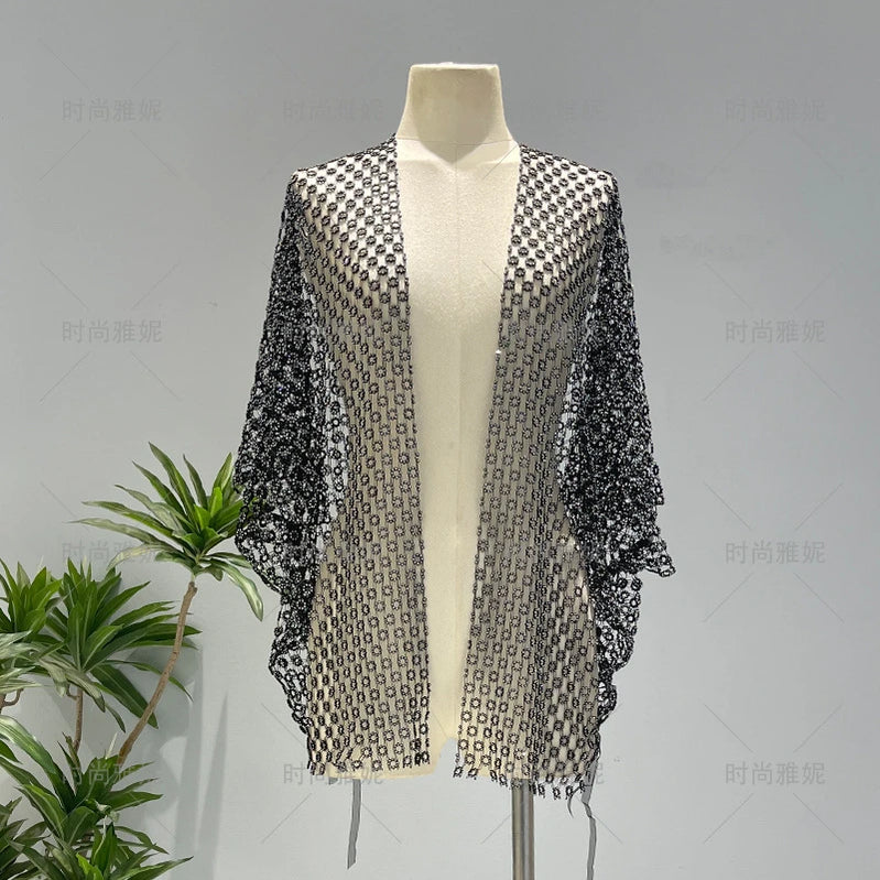 Women Dresses Fashion Diamonds Loose Hollow Cardigan Top Mesh Halloween Festival Cocktail Party Dress Black-110CM One Size CHINA
