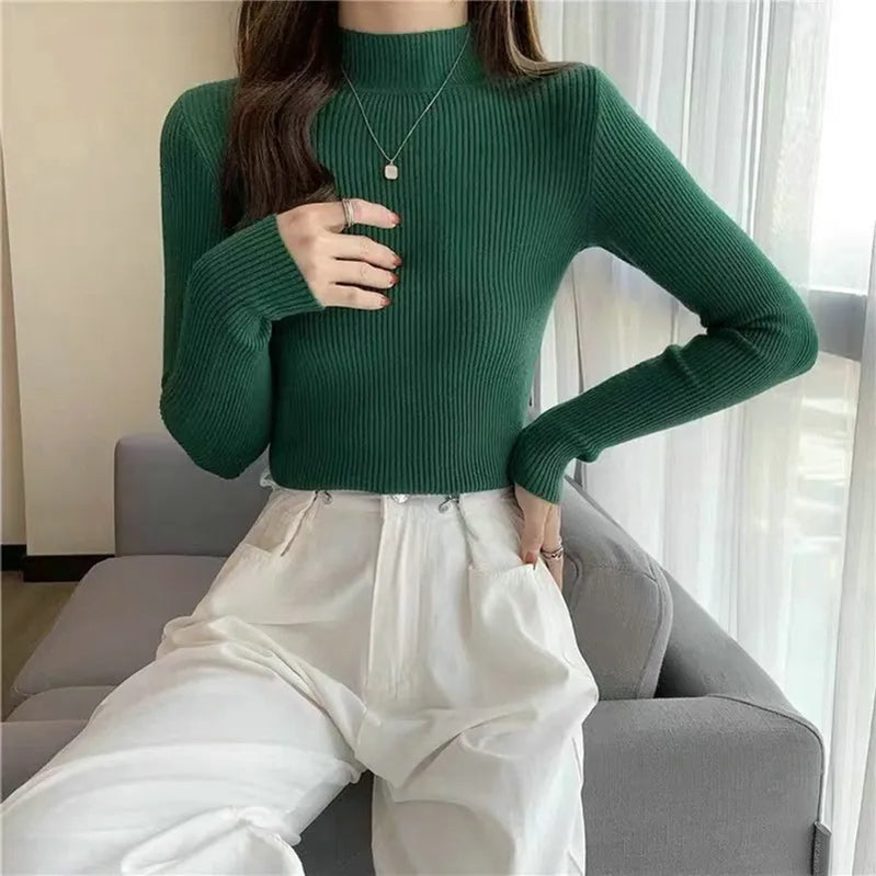 Winter Turtleneck Women's Sweater Knitted Pullover Soft Slim Long Sleeve Top Solid Color Basic High Neck Jumper Woman Clothing B-half neck-green 1 One Size(40-65kg)