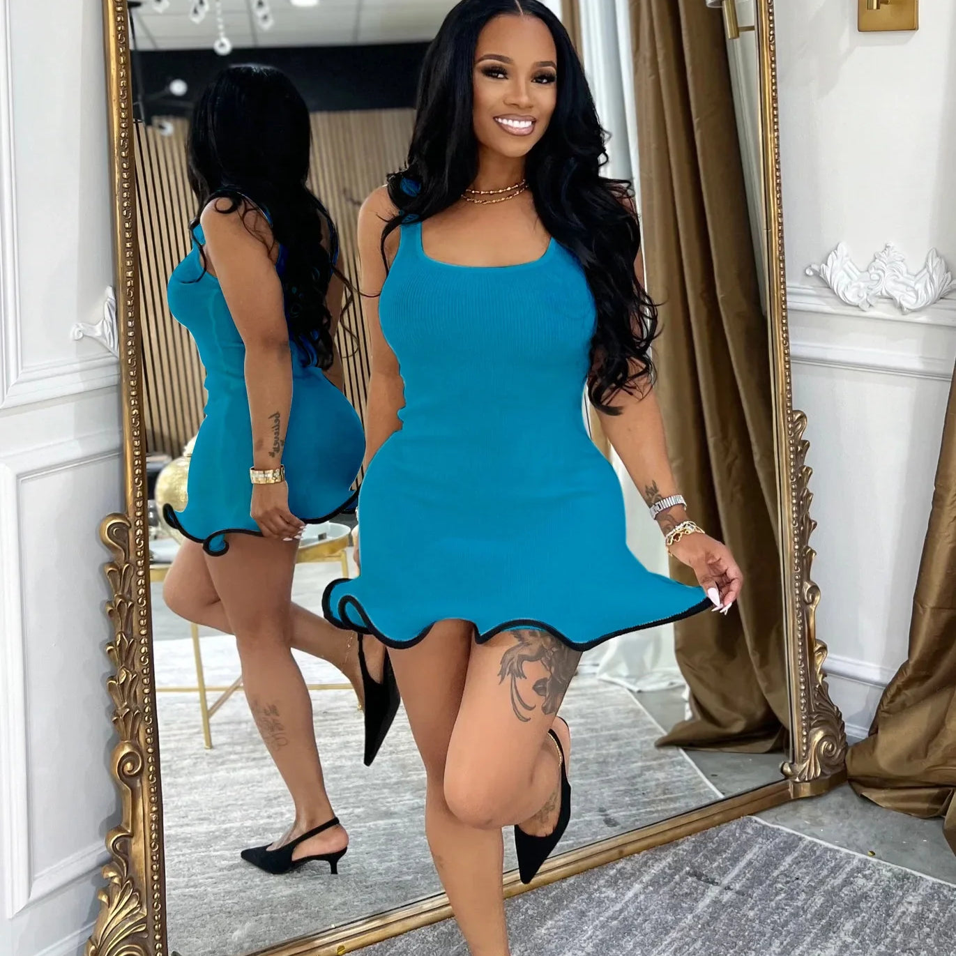 CM.YAYA Women Sleeveless O-neck Tank Mini Dress 2025 Summer Slim Sexy Sweet Club Party Evening High Street Ruffles Dresses Blue