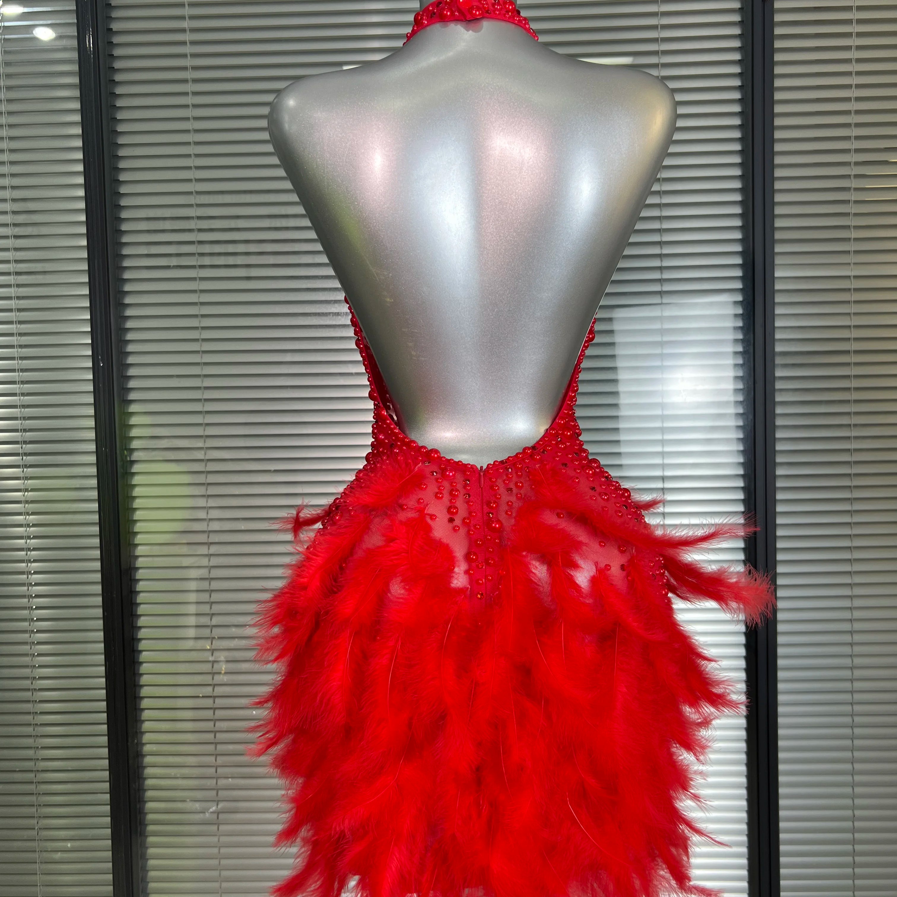 Women Sexy Backless Mesh Crystal Diamonds Feathers Performance Costume Stage Dancer Mini Stretchy Night Club Party Dress
