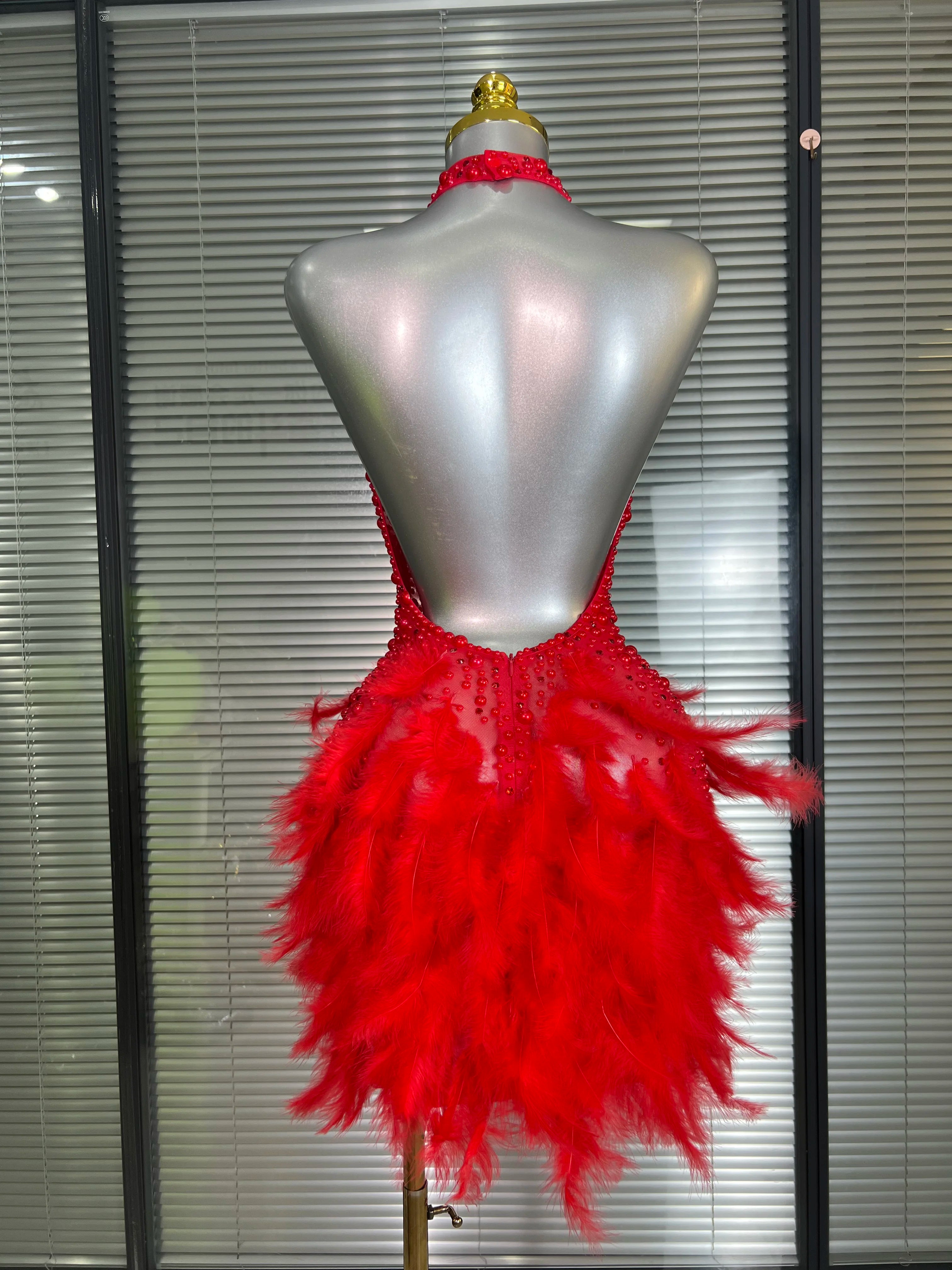 Women Sexy Backless Mesh Crystal Diamonds Feathers Performance Costume Stage Dancer Mini Stretchy Night Club Party Dress