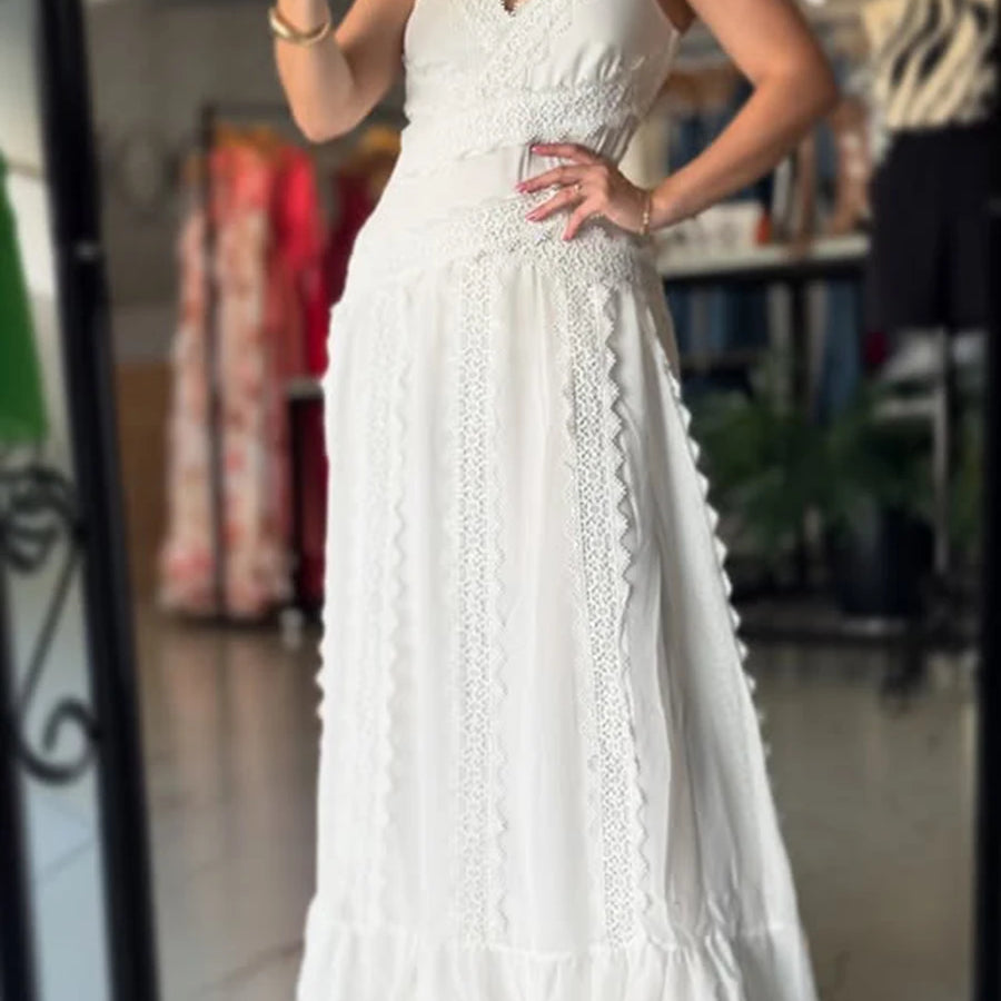 TWOTWINSTYLE White Spliced Lace Minimalist Dresses for Women V Neck Sleeveless Temperamnet Long Dress Female Fashion Clothes New