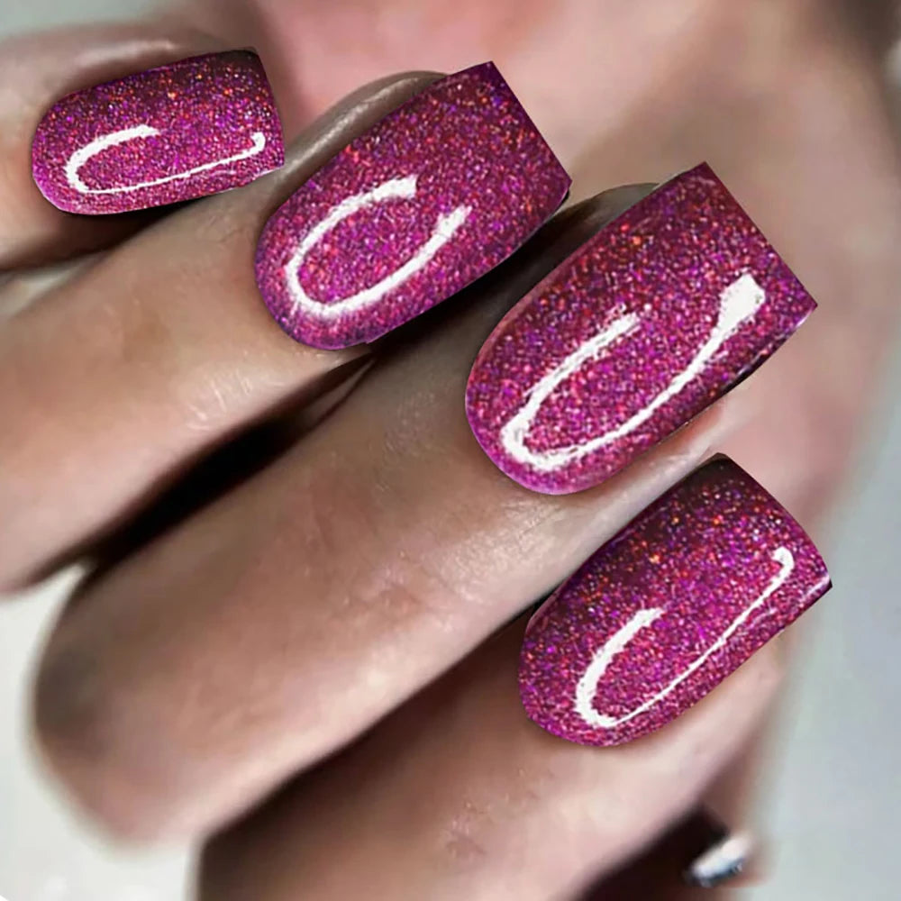 24pcs/set short fake nails for women girls sparkling glitter black red purple square tips faux ongles press on false nail art