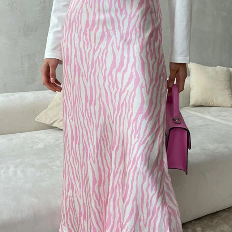 2023 Summer Autumn Women Elegant Midi Satin Skirts Printed High Waist Office Ladies Bodycon Pencil Slim Skirt For Women Pink