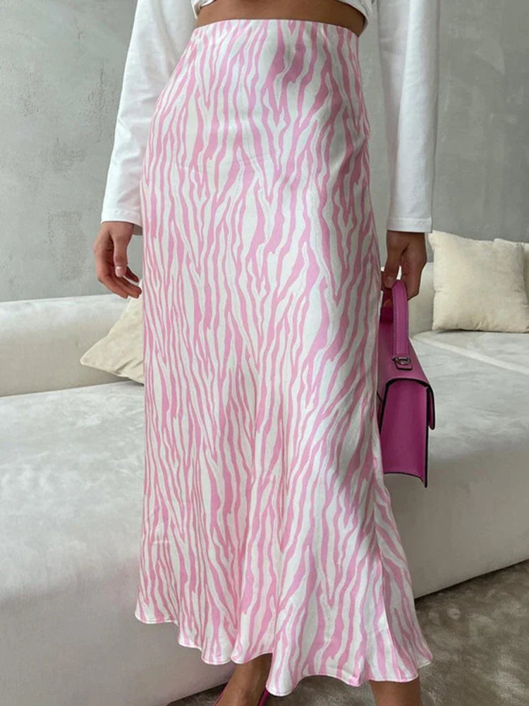 2023 Summer Autumn Women Elegant Midi Satin Skirts Printed High Waist Office Ladies Bodycon Pencil Slim Skirt For Women Pink