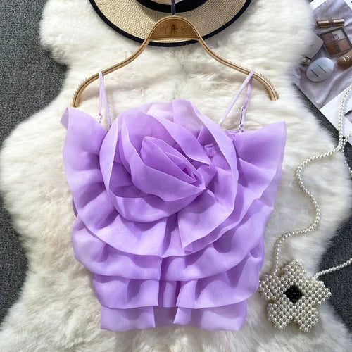 Chic Vintage Backless Corset Bustier Three-dimensional Flower Tank Top Korean Fashion Summer Beach Women Sling Crop Top Purple One Size