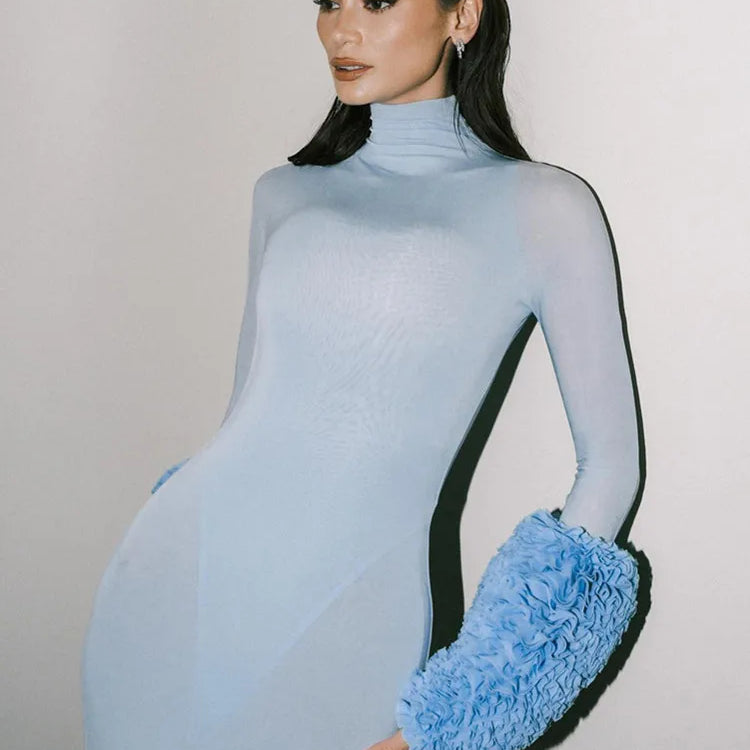 Women Celebrity Sexy Long Sleeve Mesh Sky Blue Maxi Long Bodycon Dress 2024 Elegant Evening Club Party Outfit