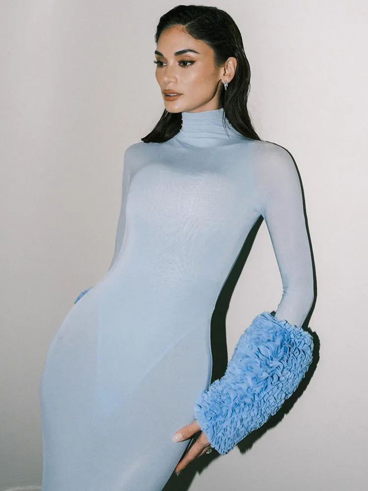 Women Celebrity Sexy Long Sleeve Mesh Sky Blue Maxi Long Bodycon Dress 2024 Elegant Evening Club Party Outfit