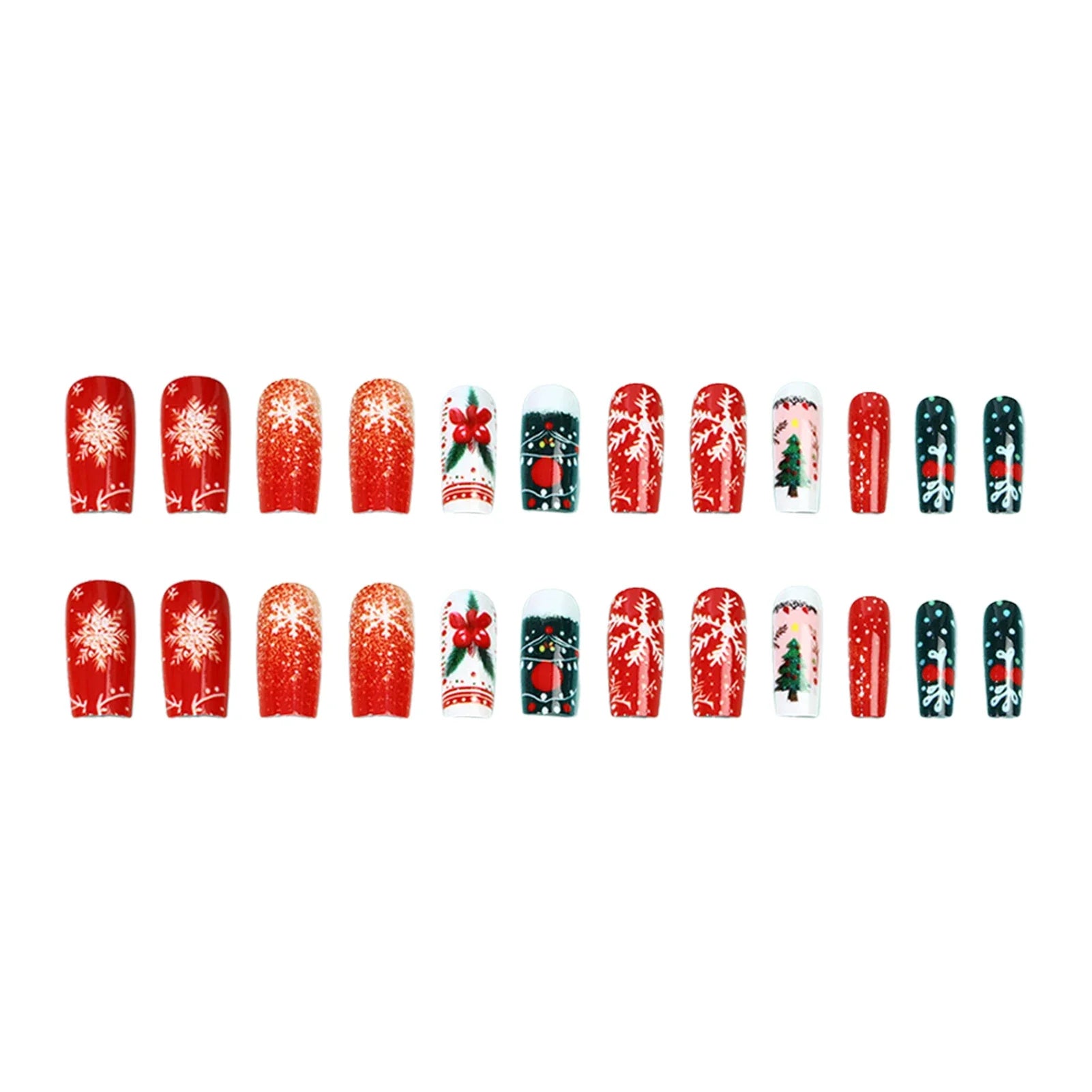 Christmas Fake Nails 24Pcs Medium-length Squre Press On Nails Xmas Tree/Snowflake Printed Women Girls Charm Manicure Nails Art