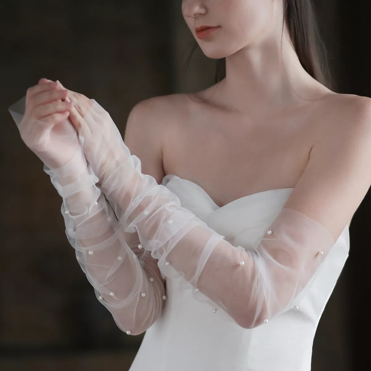 Wedding Fingerless White / Black Gloves Long Tulle Pearls Brides Bridesmaid Sleevelet Women Marriage Accessories