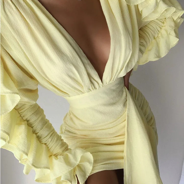 Yellow Green Women Butterfly Sleeve Sexy Deep V-Neck Bodycon Mini Dress Fashion Nightclub Party Dress