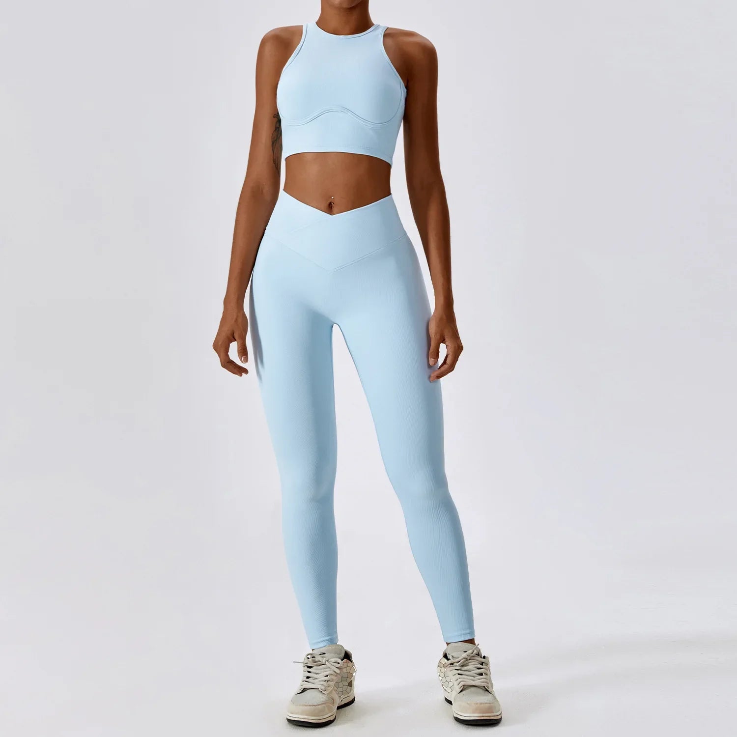2PCS Seamless Yoga Set Gym Clothes Sportswear Yoga Suits For Women Fitness Rib Tracksuits Sports Bra Gym Leggings Sports Suits Sky Blue Set-4 CHINA