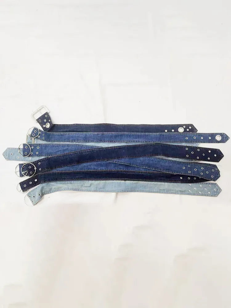 DEAT Fashion Women's Denim Skirt Low Waist Washed Irregular Metal Hole Belt Spliced A-line Skirts Autumn 2023 New Tide 7AB767