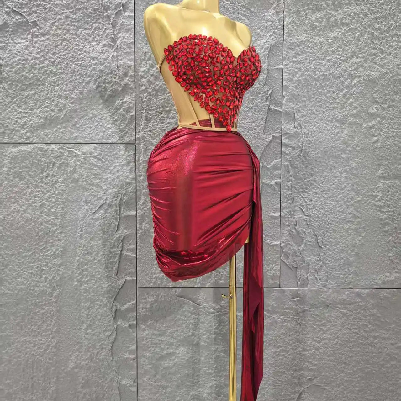 Shinning Red Crystal Women Sexy Strapless 2 Pieces Bodycon Mini Dress Nightclub Party Celebrate Birthday Photo Shoot Wear