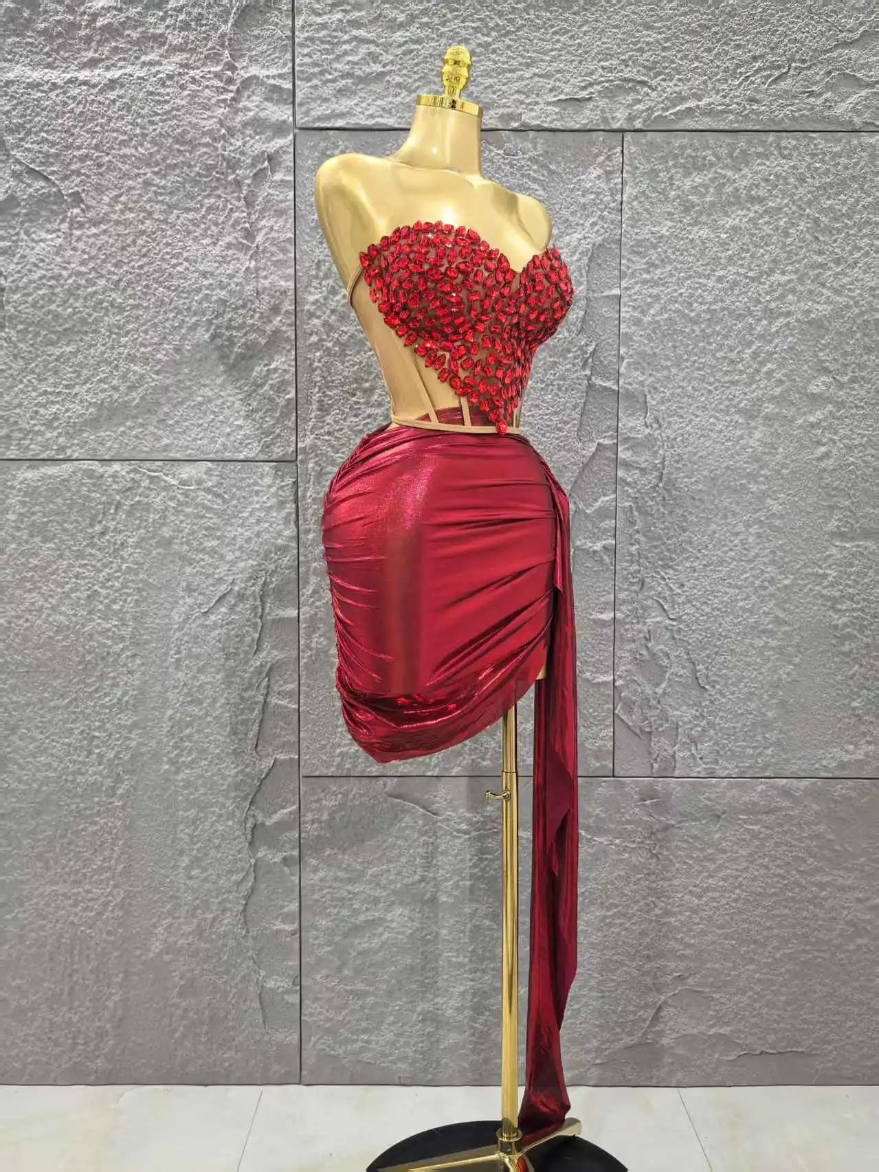Shinning Red Crystal Women Sexy Strapless 2 Pieces Bodycon Mini Dress Nightclub Party Celebrate Birthday Photo Shoot Wear
