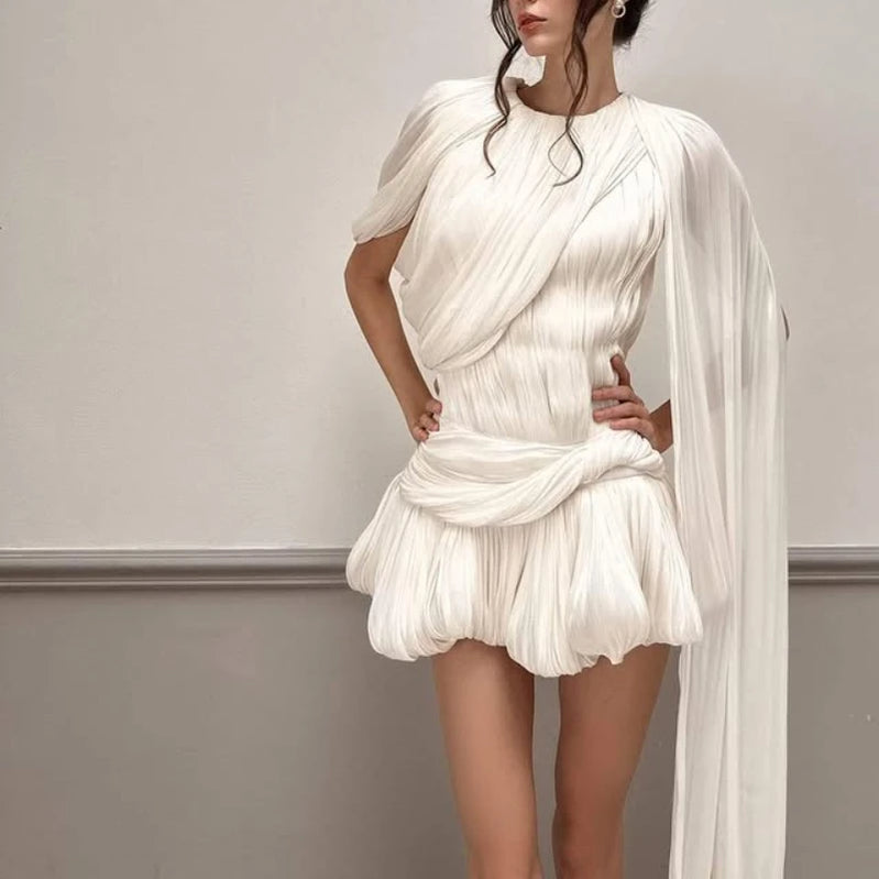 TWOTWINSTYLE Solid Slimming Fashion Dresses for Women Round Neck Short Sleeve Patchwork Folds Irregular Temperament Dress Female