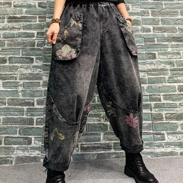 Spring Womens Fashion Jeans Ladies Loose Vintage Printed Denim Pants Females Classic Casual Floral Harem Trousers