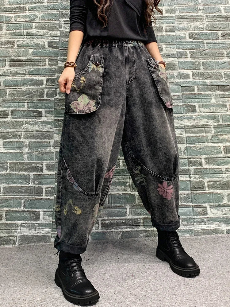 Spring Womens Fashion Jeans Ladies Loose Vintage Printed Denim Pants Females Classic Casual Floral Harem Trousers