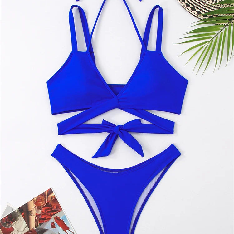 Bikini Women Swimsuit New Solid Sling Lace Up Bikinis Set Sexy Thong Swimwear Summer Two Piece Beach Bathing Suit Female Blue