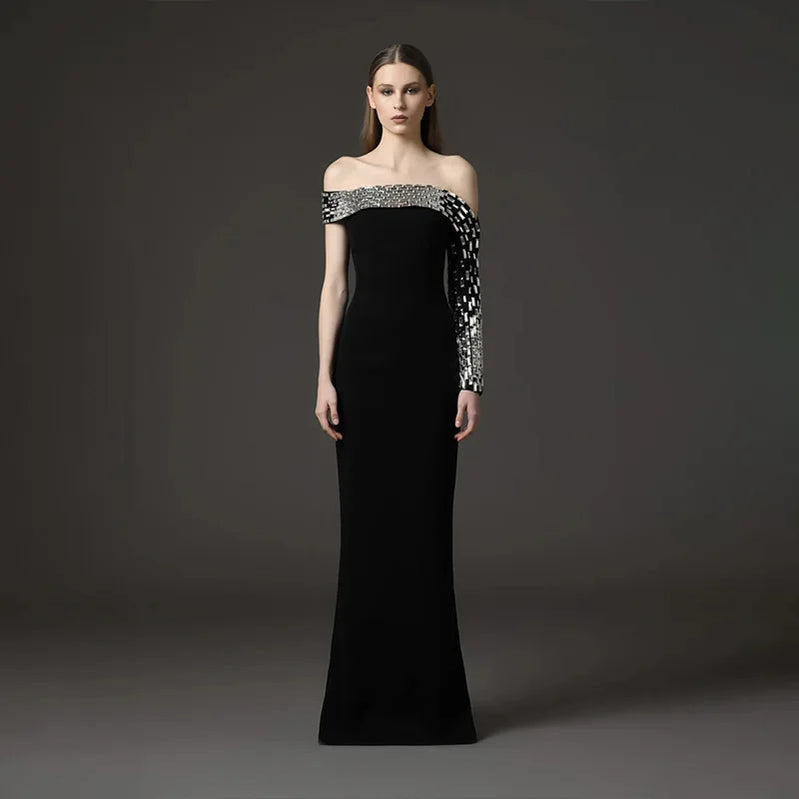 Women Sexy One Shoulder Shinning Crystal Bodycon Long Bandage Dress Elegant Evening Party Celebrity Red Carpet Wear