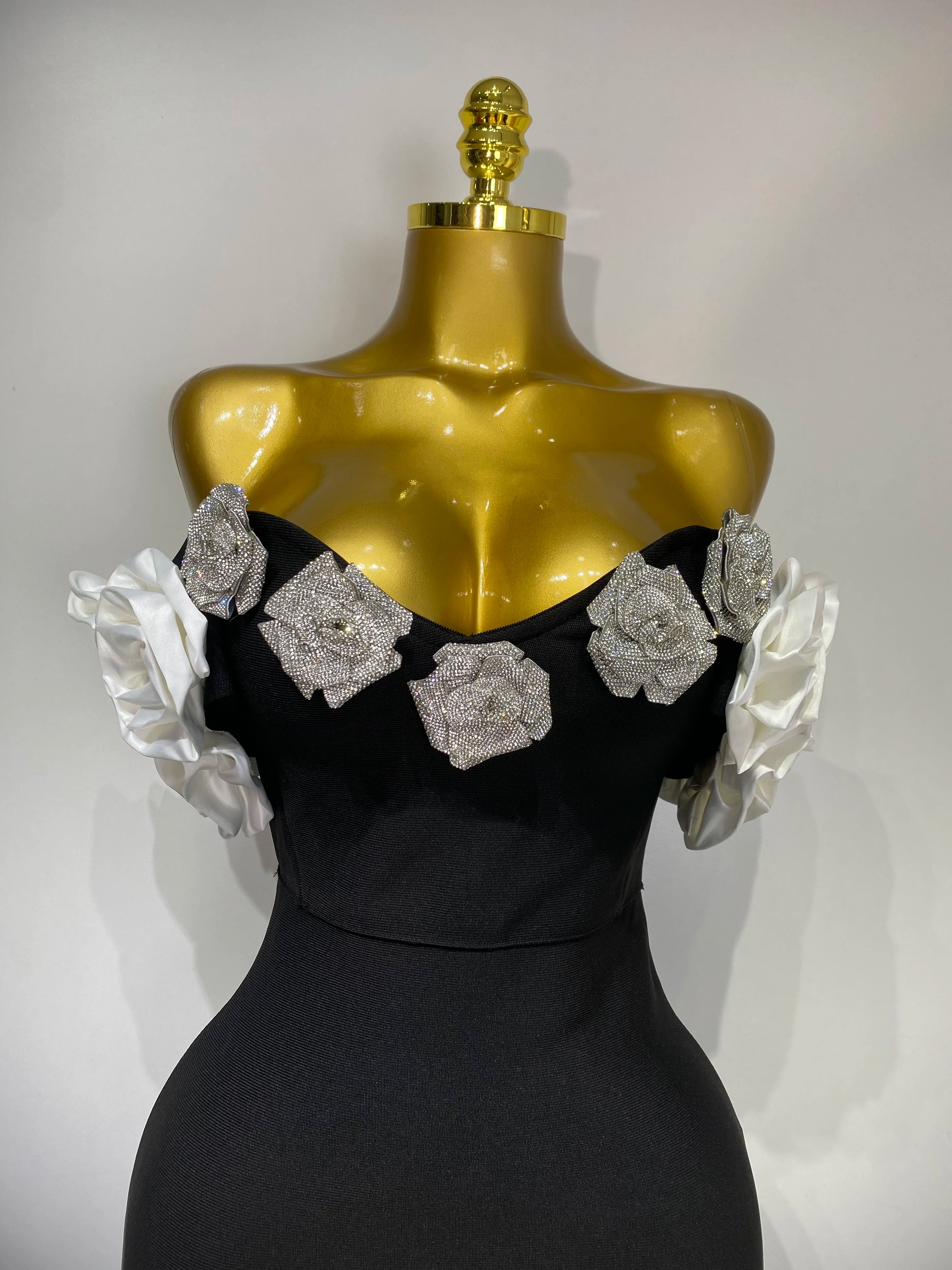 Women Luxury Rhinestone Celebrity Sexy Off Shoulder Flower Maxi Long Bodycon Bandage Dress Elegant Evening Club Party Outfit