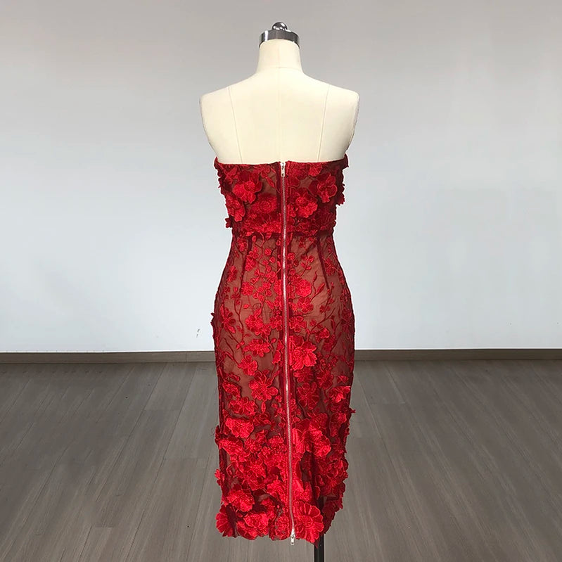 Red Color Women Strapless Embroidery Flowers Bodycon Midi Bandage Dress Fashion Celebrate Birthday Evening Party Dress