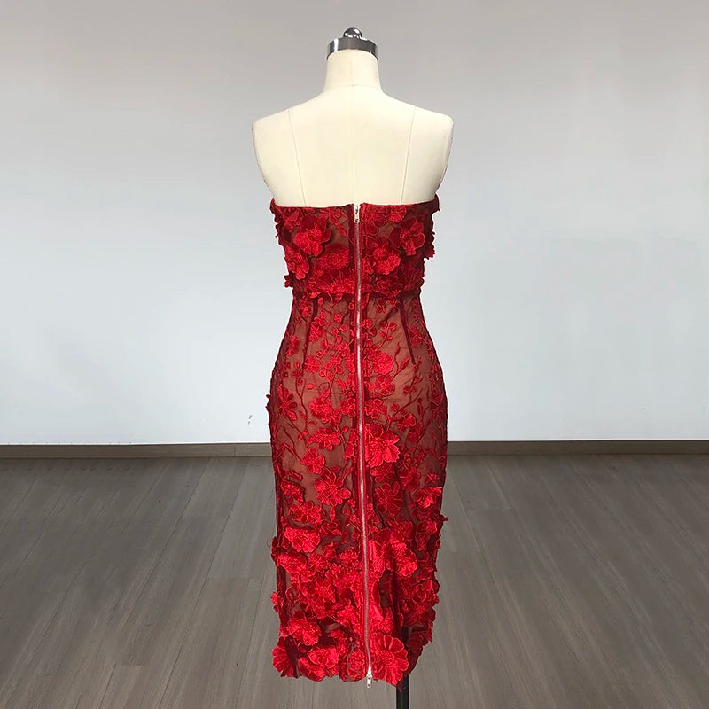 Red Color Women Strapless Embroidery Flowers Bodycon Midi Bandage Dress Fashion Celebrate Birthday Evening Party Dress