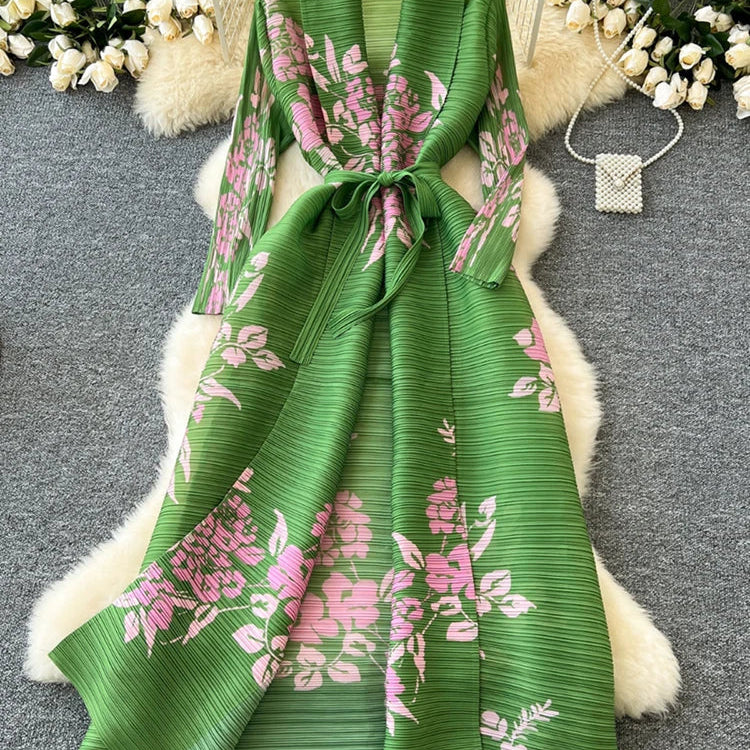 XFPV Elegant Style Long Sleeve Lapel Waist Cinching Strap Pleated Print Dress Vestidos For Women Y2k Korean Fashion Autumn 2024